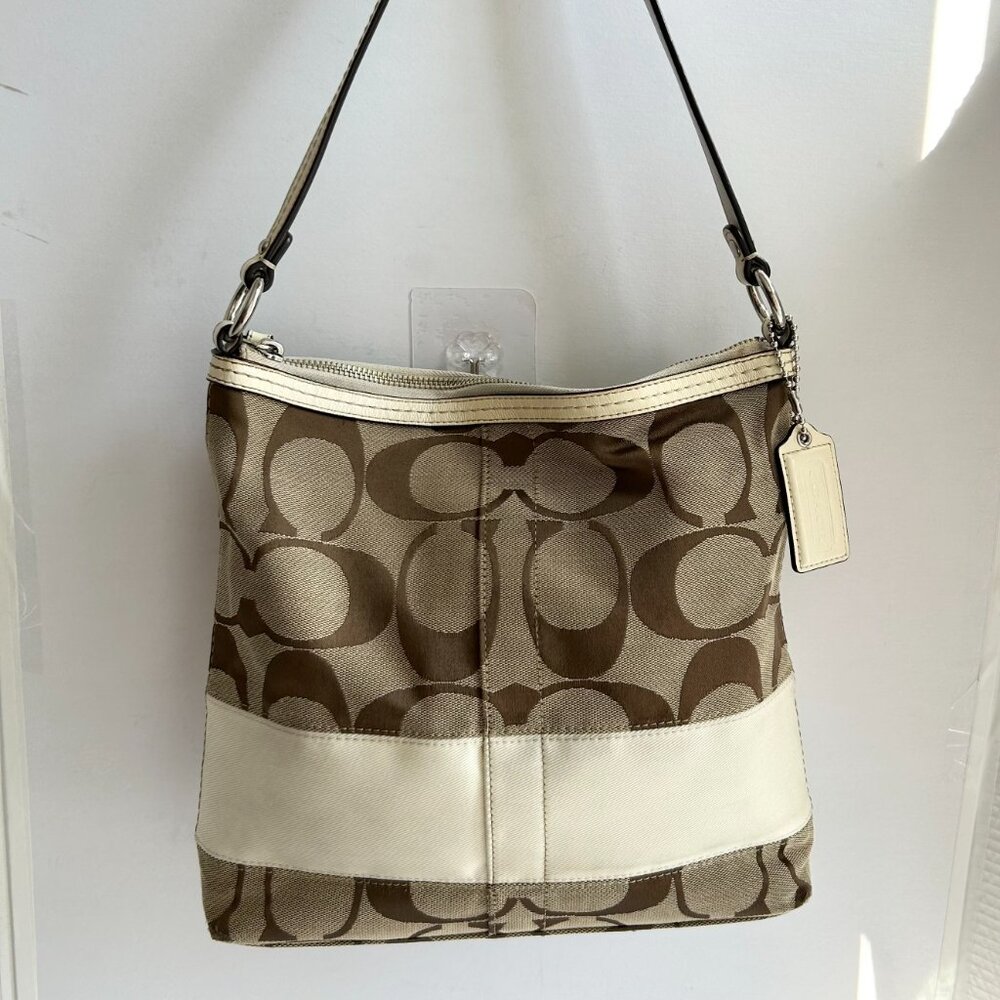 Coach Signature Stripe Convertible Shoulder Bag Tan Cream Canvas F13674